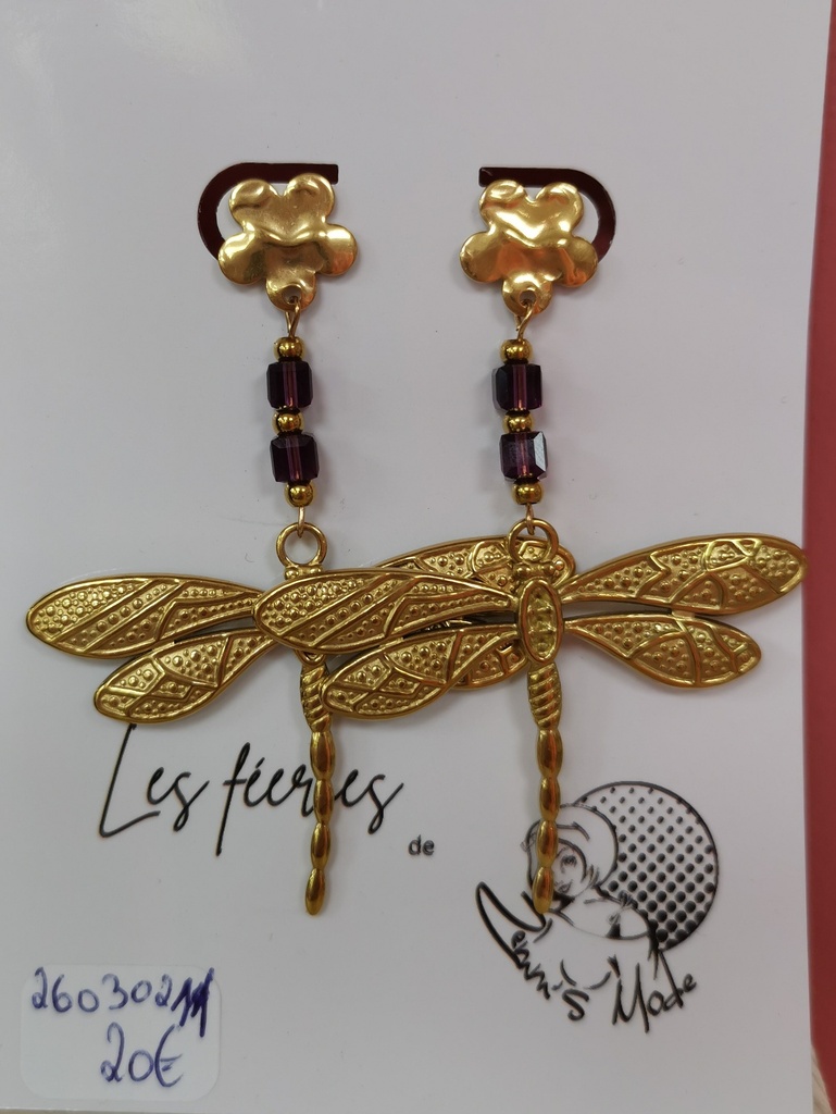 Clous d'oreilles dorés fleurs libellules cubes Amethyst