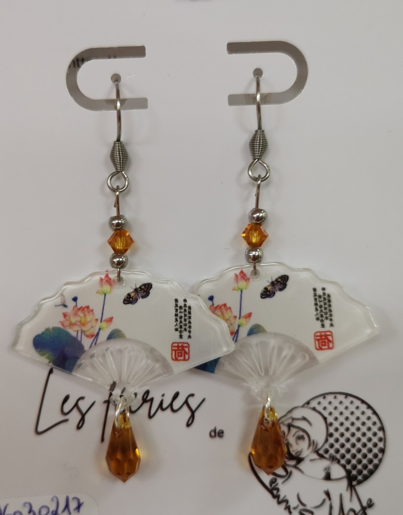 Boucles d'oreilles argentées éventails lotus toupies tons bruns & gouttes Topaz