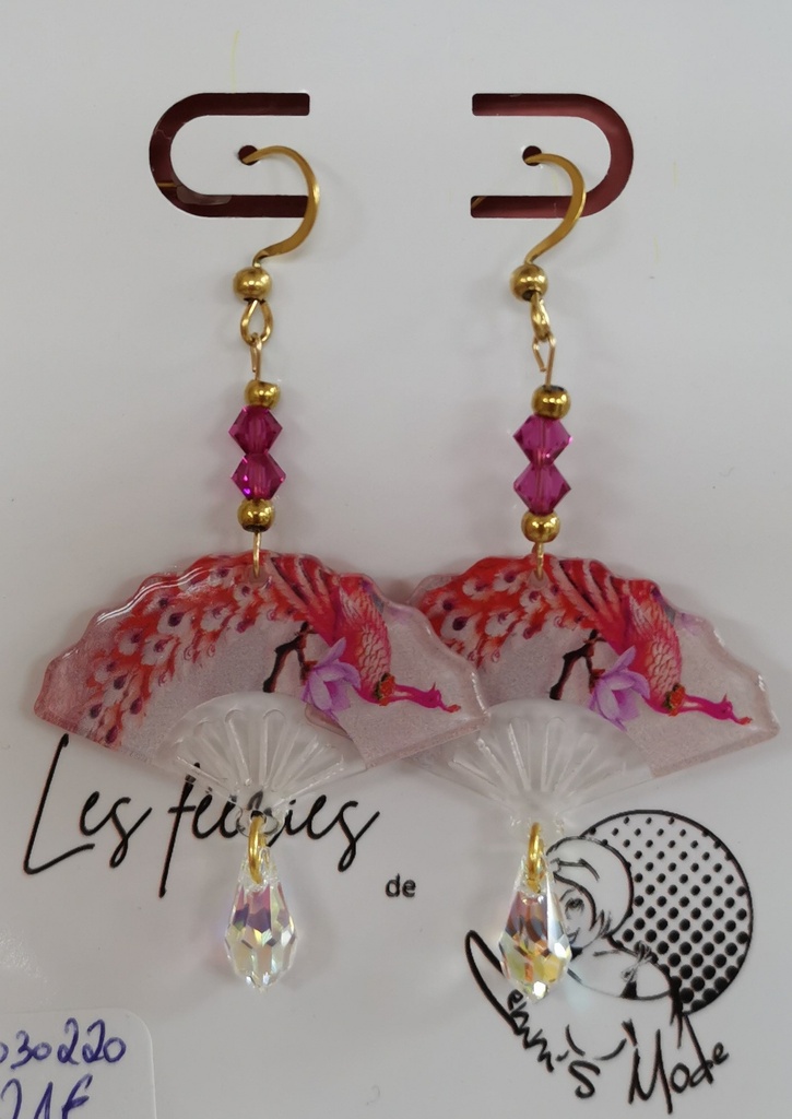 Boucles d'oreilles dorés éventails paons toupies Fuchsia & gouttes Crystal AB