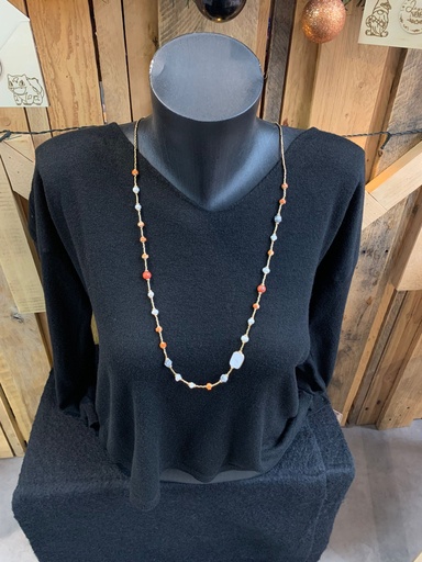 collier long orange/nacré/gris