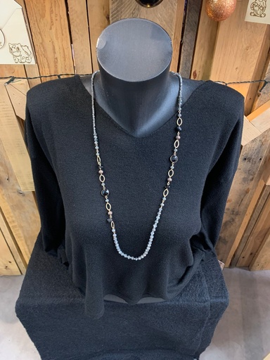 collier long doré perles grises/noires