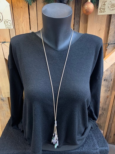 collier long cuir+pierre rose-verte