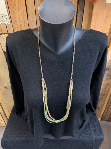 long collier en perles multi chaines tons kaki/doré